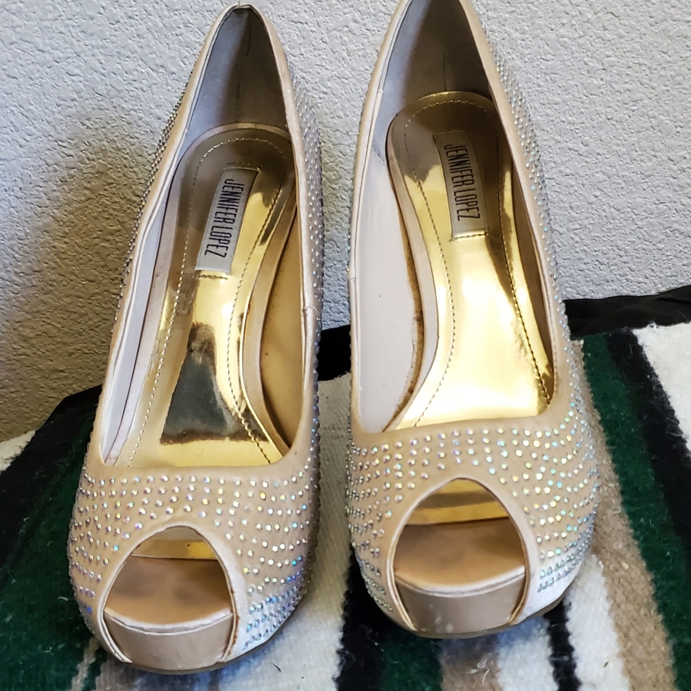 JLO Rhinestone Heels, Cream/Gold, Sz 8.5M